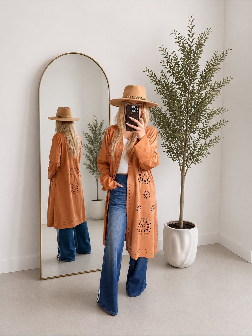 NWT Faux Suede Laser-Cut Duster Coat in Camel